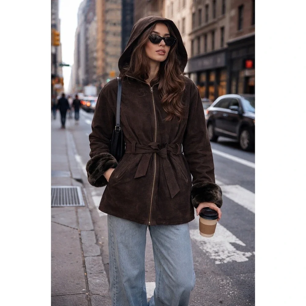 Vintage Wilsons Leather Brown Suede‎ Jacket Removable Hooded Penny Lane Coat